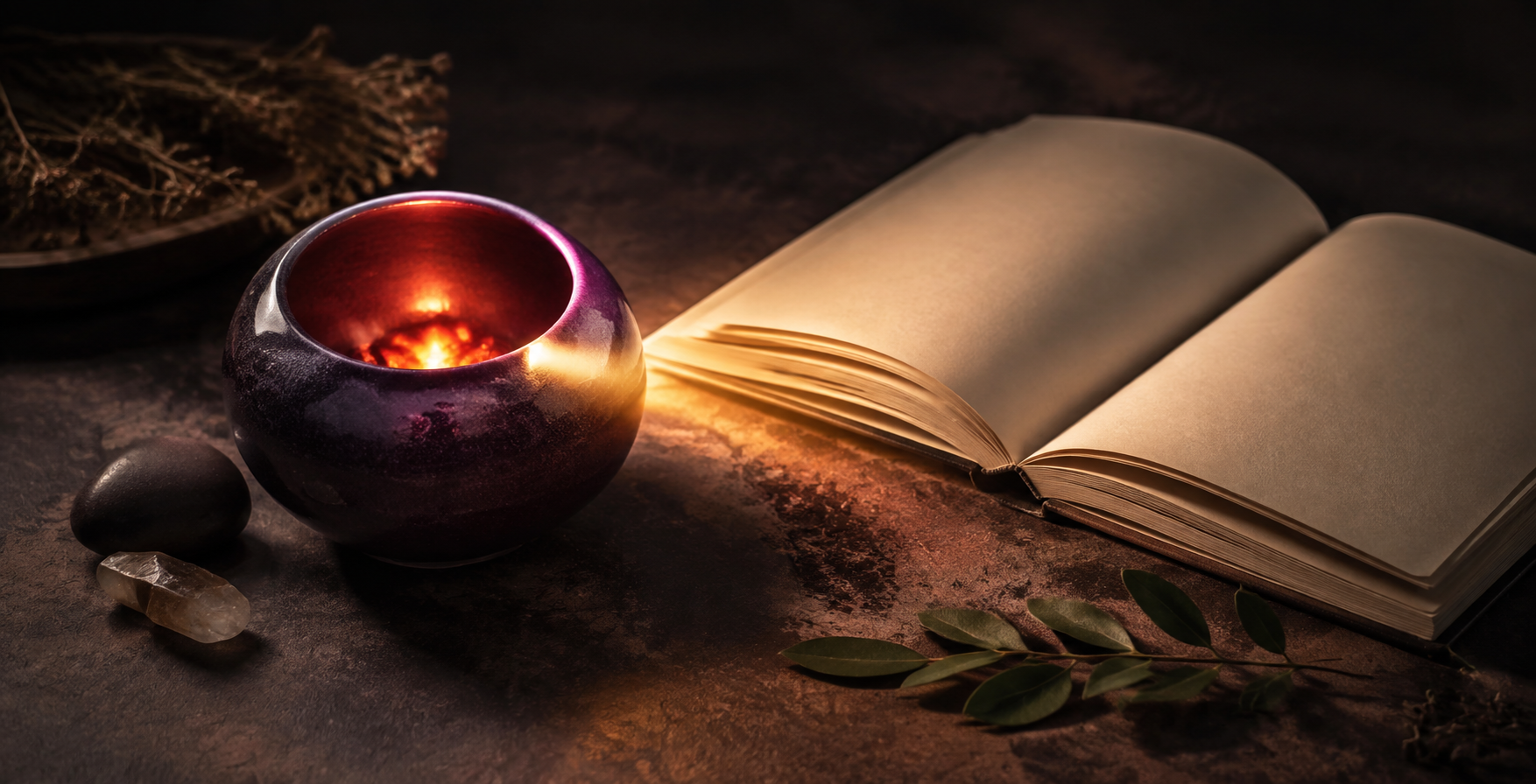 Warm amber light held inside a deep aubergine vessel beside an open journal, representing anger as information.