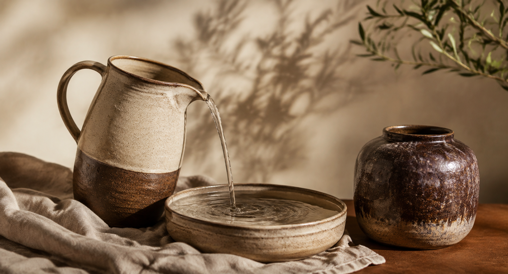 A ceramic pitcher pouring water into a shared bowl beside another vessel, representing care with boundaries.