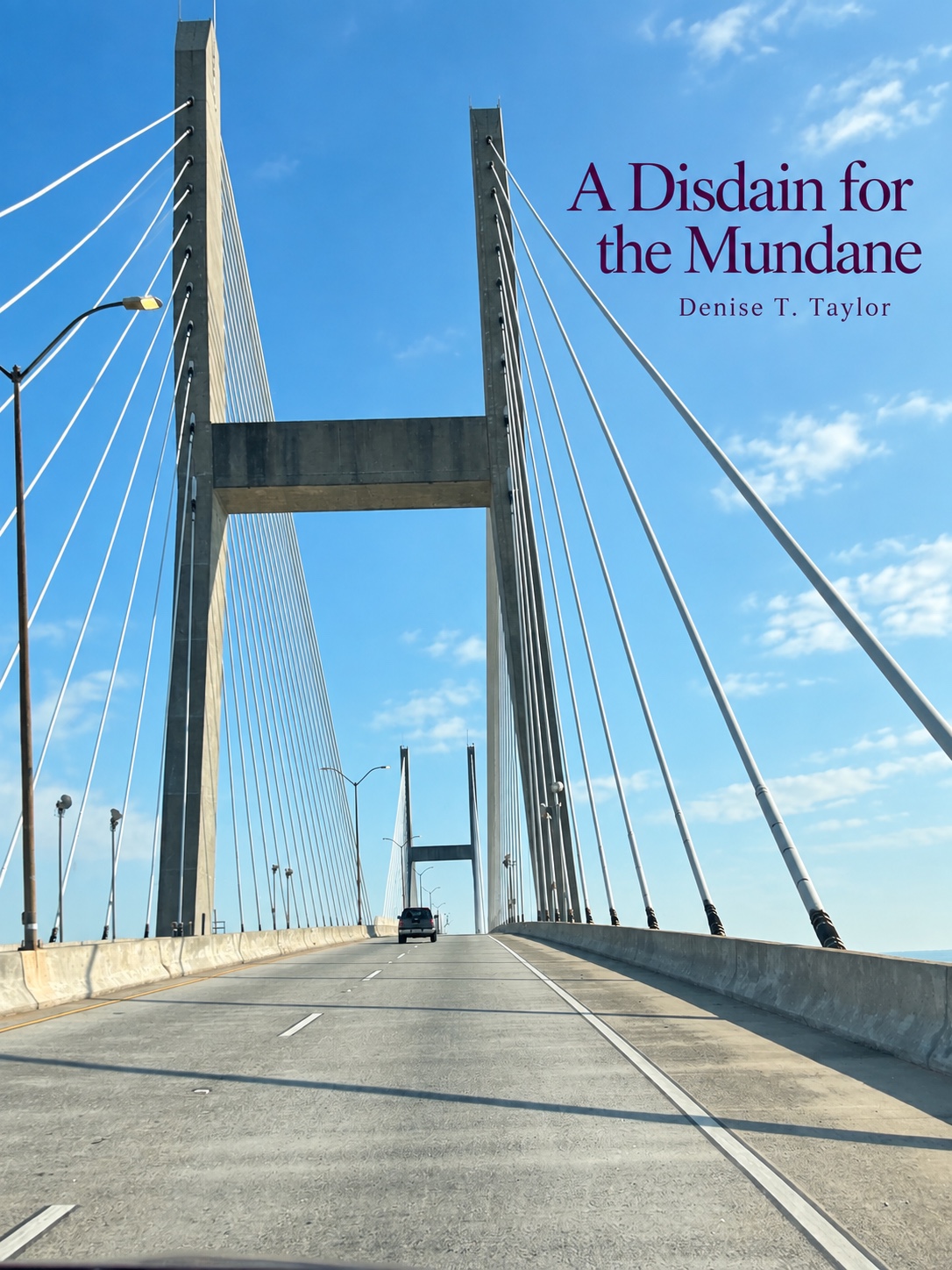 A bridge on a bright blue day with the words A Disdain for the Mundane by Denise T. Taylor.