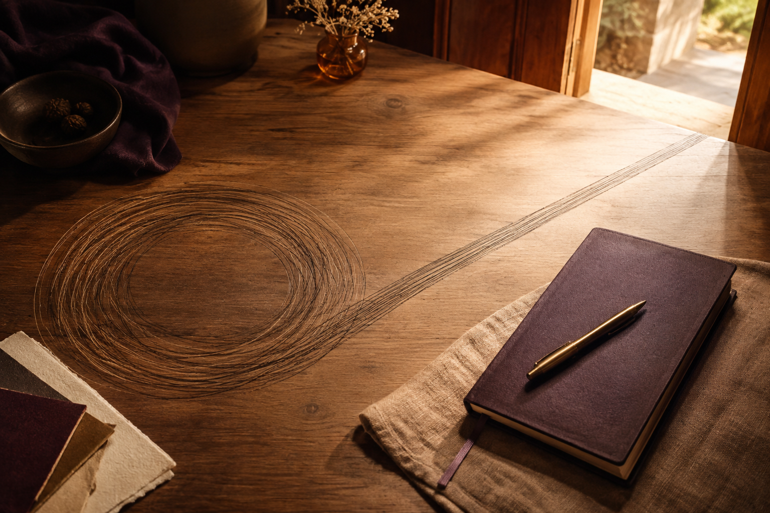 A circular pattern opening into a clear line across a warm workspace, representing a purposeful pivot.