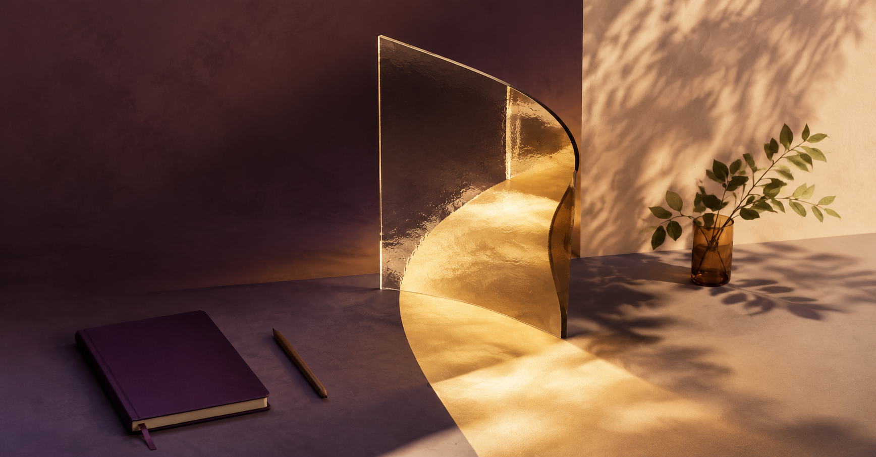 Warm light bending through a sculptural glass form, representing a new perspective.